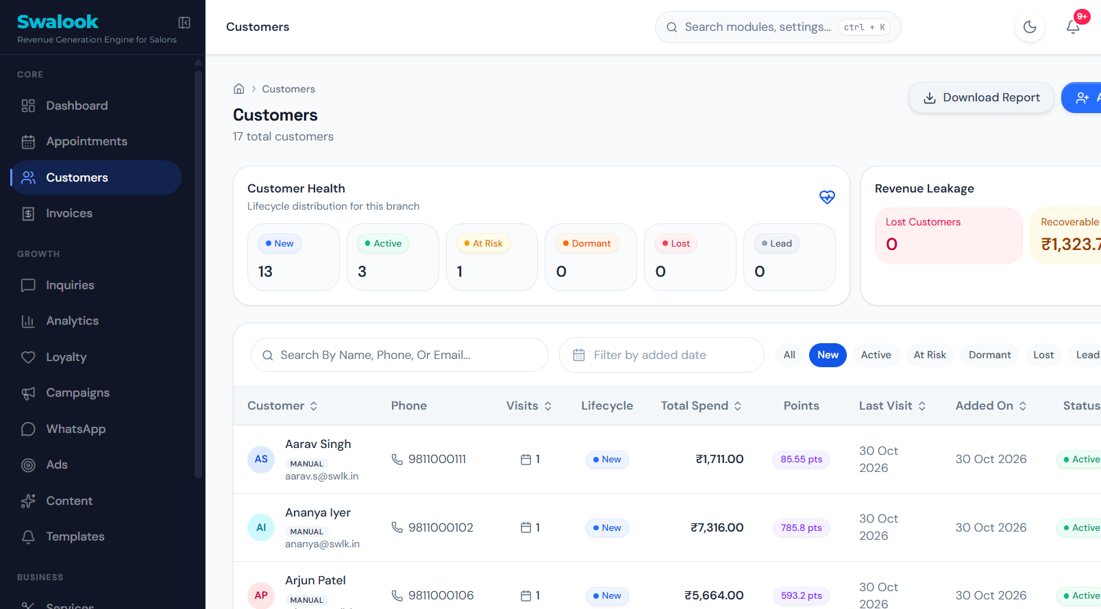 Salon CRM software in Swalook showing customer profiles, visit history and customer status.